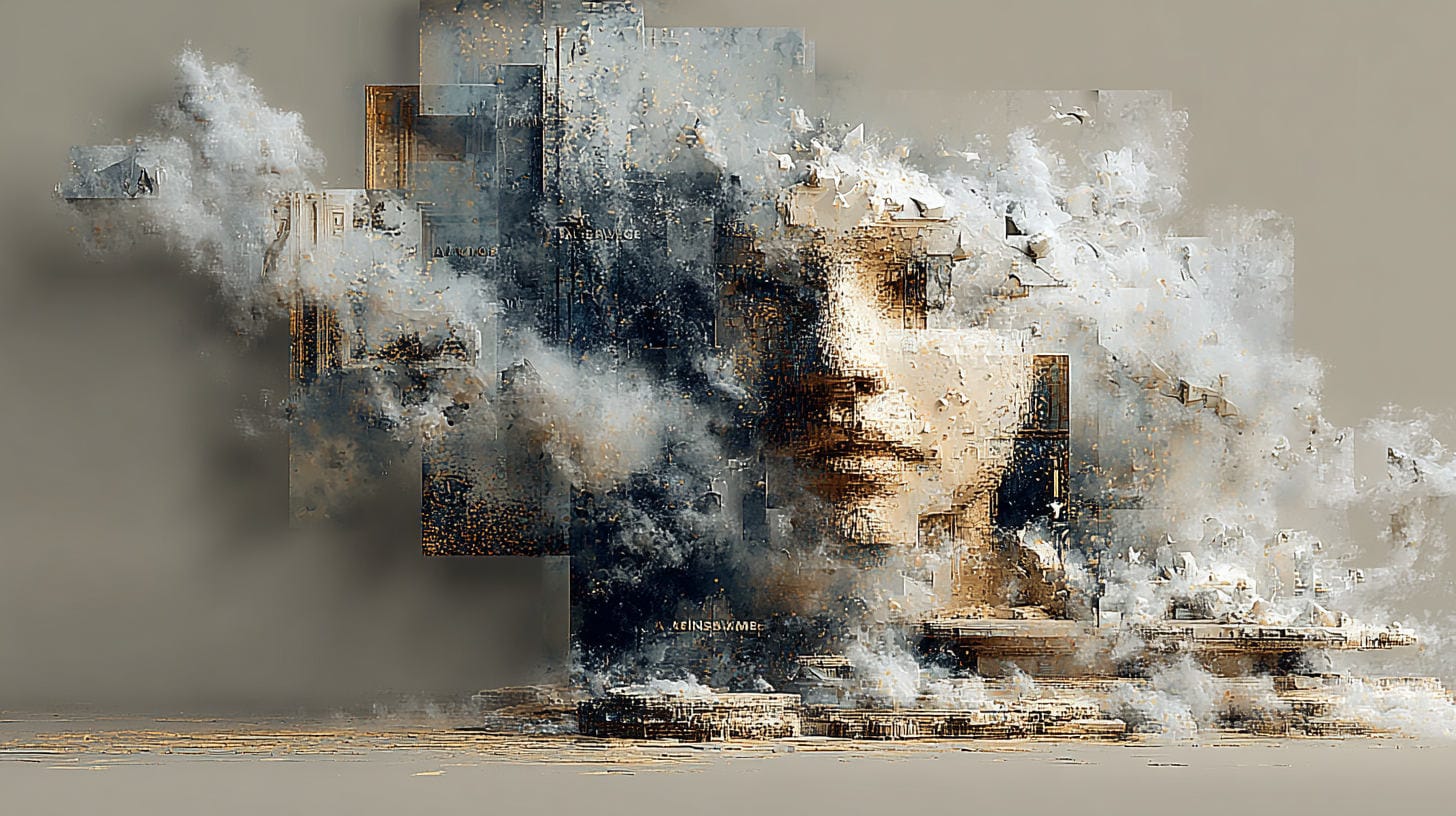 Face of a person blending in with shapes and fog. Appears like the person is part of building something technical.