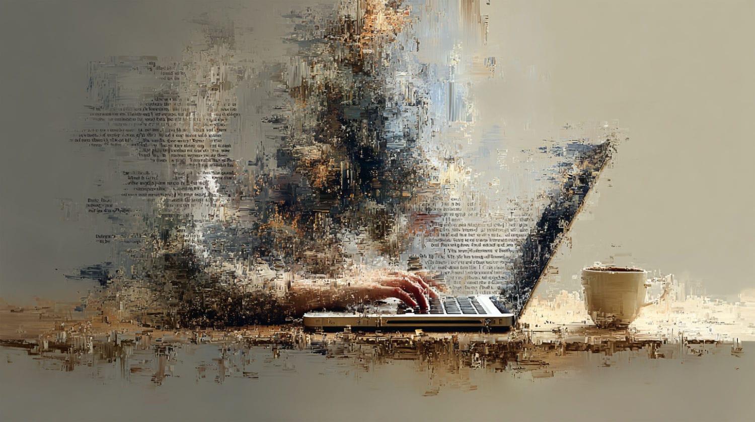 Surreal, abstract image of a laptop with human hands typing on the keyboard. Indistinguishable words and images drift and swirl around the hands and laptop.