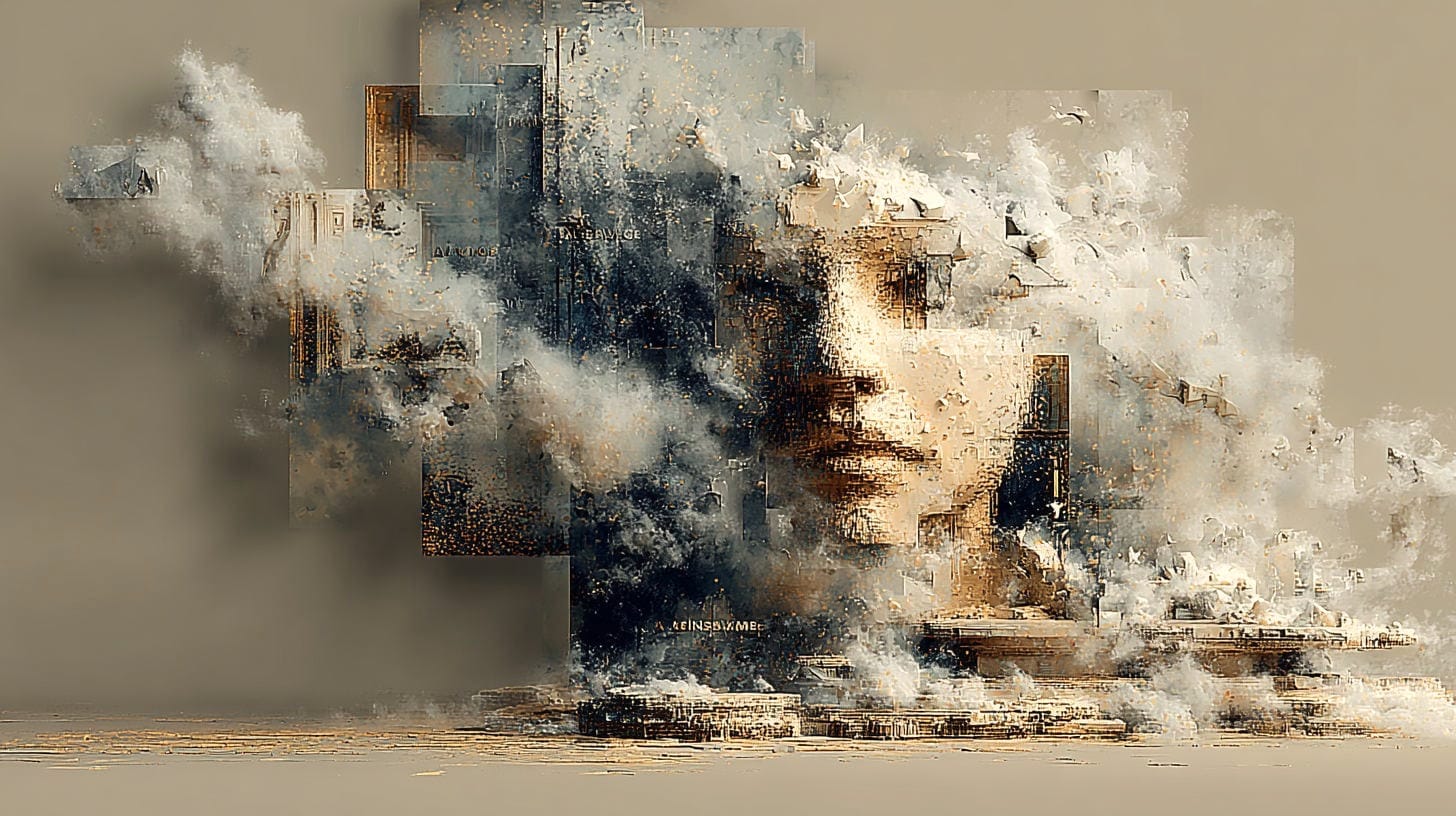 Face of a person blending in with shapes and fog. Appears like the person is part of building something technical.