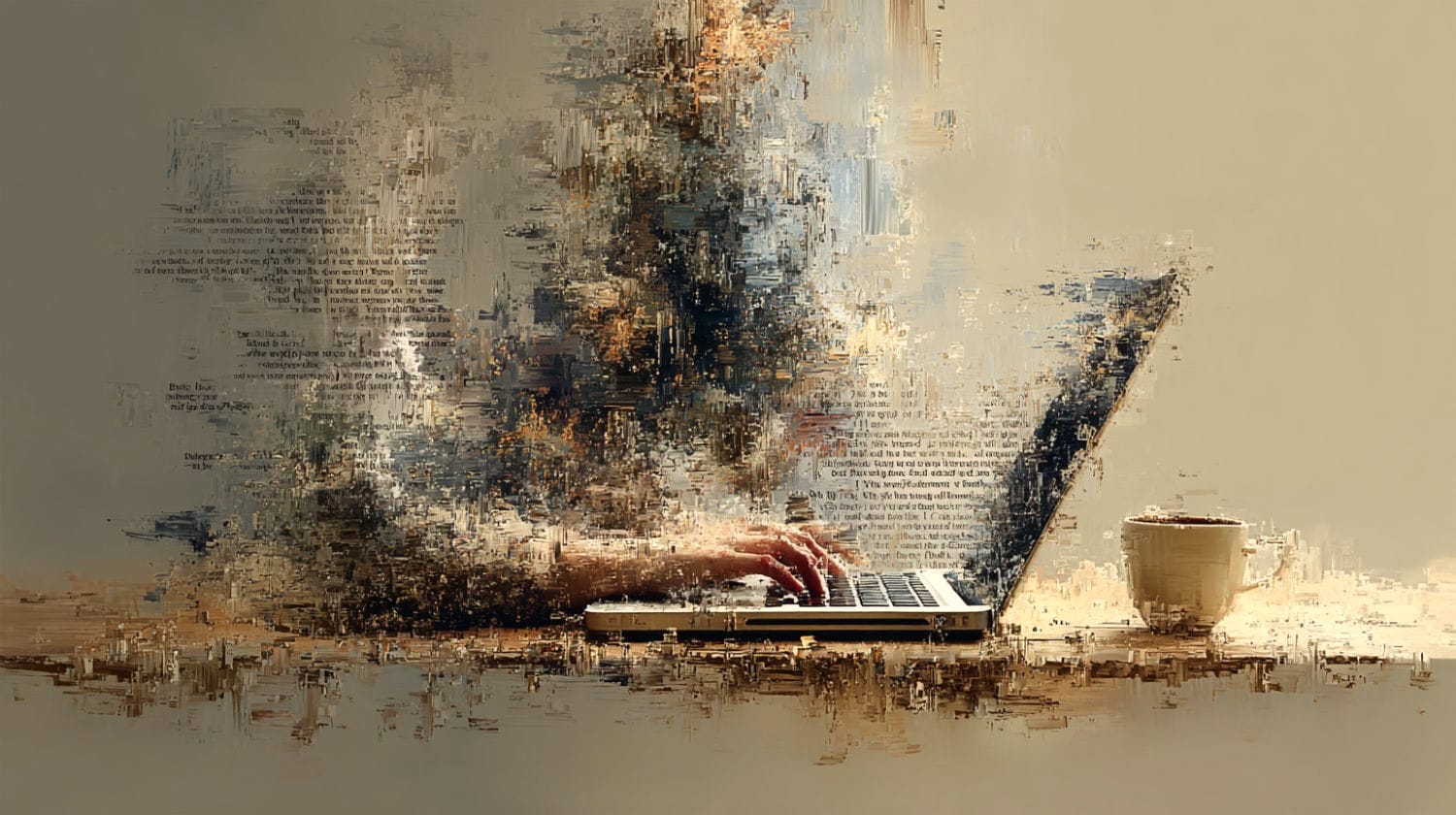 Surreal, abstract image of a laptop with human hands typing on the keyboard. Indistinguishable words and images drift and swirl around the hands and laptop.