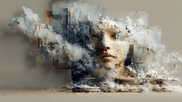 Face of a person blending in with shapes and fog. Appears like the person is part of building something technical.