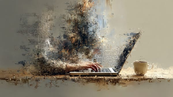 Surreal, abstract image of a laptop with human hands typing on the keyboard. Indistinguishable words and images drift and swirl around the hands and laptop.